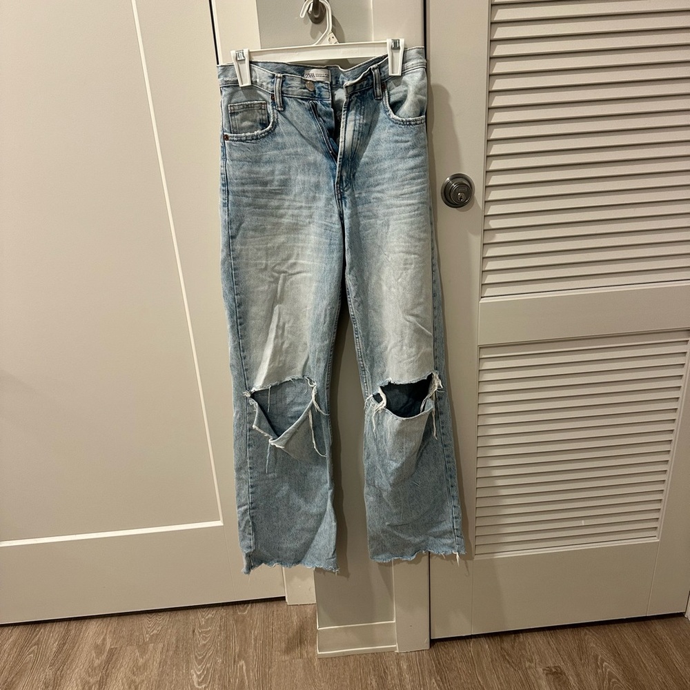 Zara High Waisted Blue Distressed Wide Leg Jeans